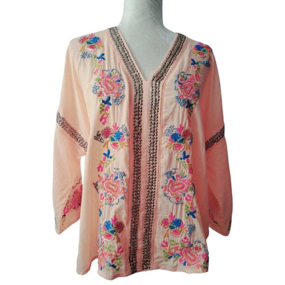 Soft Surroundings Women's Peach Multi Embroidered Embellish Boho Tunic Top L P
